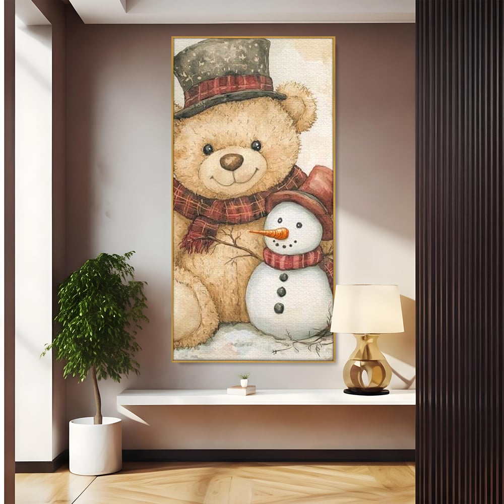 Tablou canvas cu ilustratie cu ursulet si om de zapada, in rama de aluminiu auriu